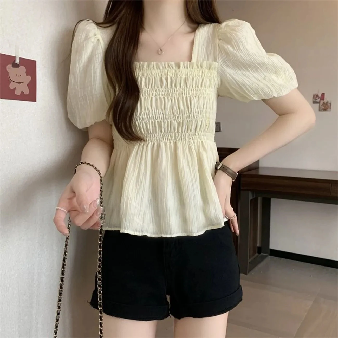 Camisa de gasa de manga corta para mujer, traje de verano 2025, nuevo diseño, Top corto liso, blusa ajustada elegante a la moda para mujer