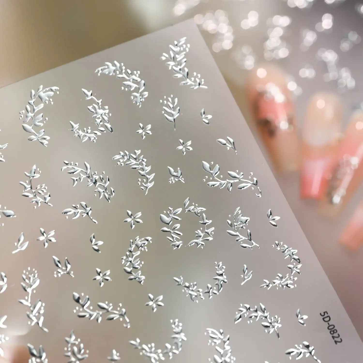 1Pc 3D Relief Silver Foliage Embossed Nail Art Stickers Leaf And Vine Silver Color Nail Decal Beautiful Nail Sliders Art Slider