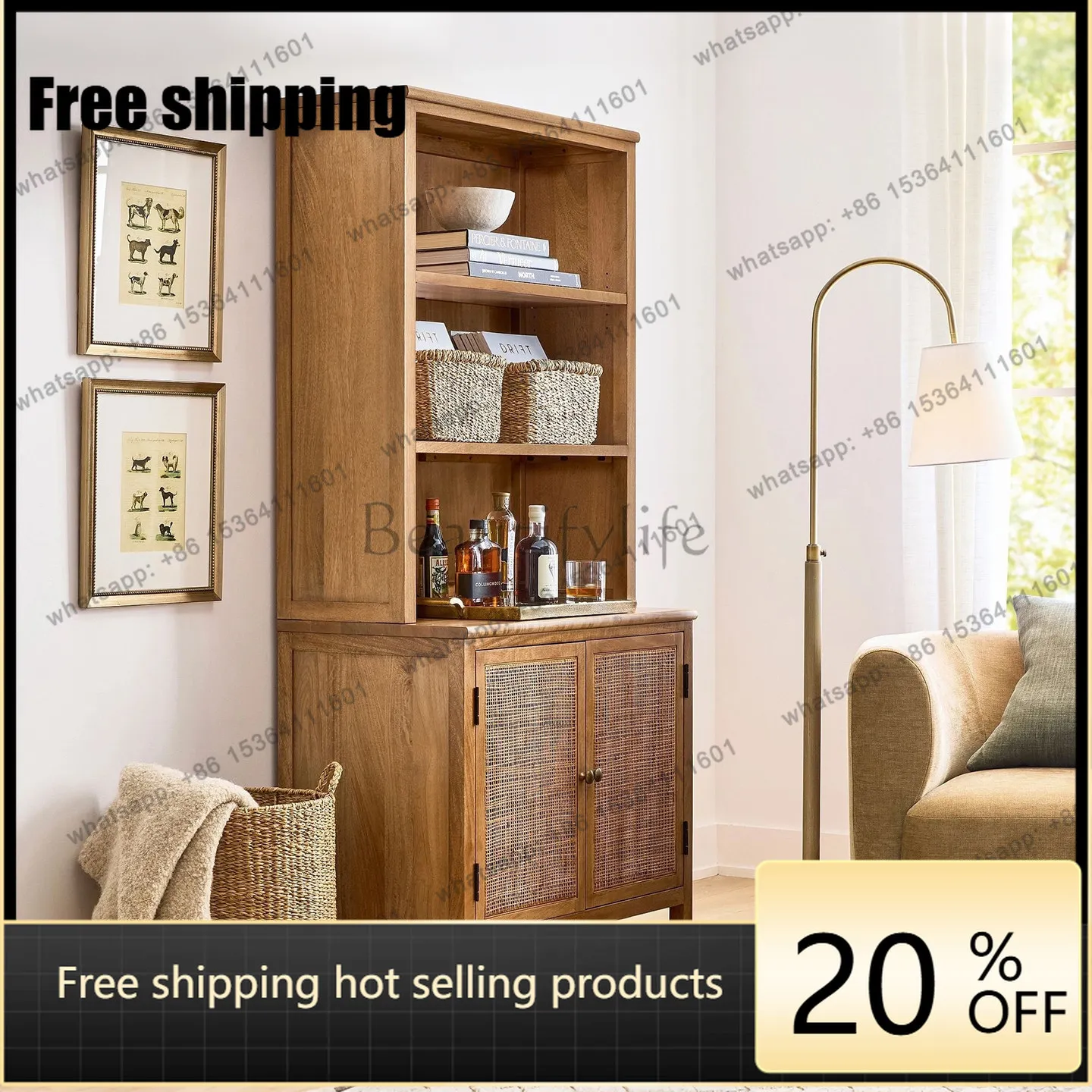 LD French retro dining side cabinet floor-to-ceiling living room study multi-layer storage cabinet shelf