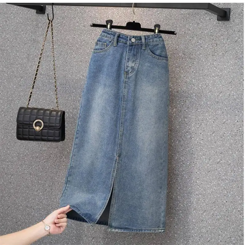 

S4XL женская повседневная джинсовая юбка Street Sle на пуговицах со средней талией, облегающая юбка-миди из смеси хлопка для молодых женщин