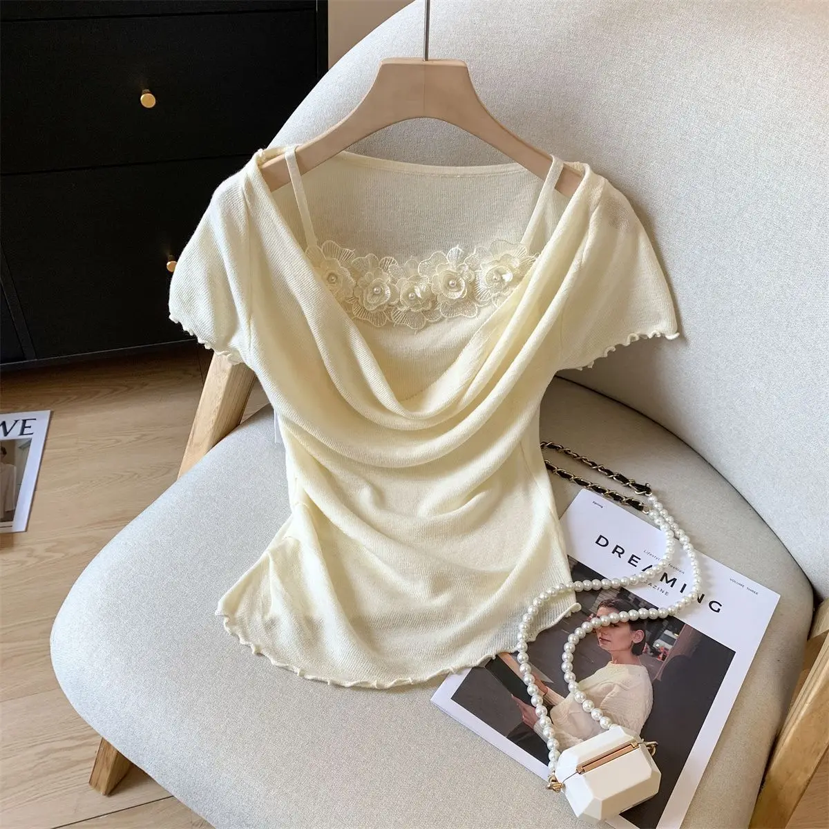 False Two-piece Short-sleeved T-shirt Women's Wear New in Summer 2025 Knitted Top with Scalloped Collar