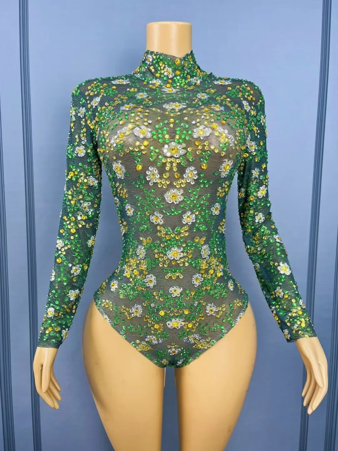 Seksowny, błyszczący strój sceniczny, ręcznie robiony kombinezon z siateczki i dżetów, damski kostium na wesele, urodziny, pokaz mody, występ.