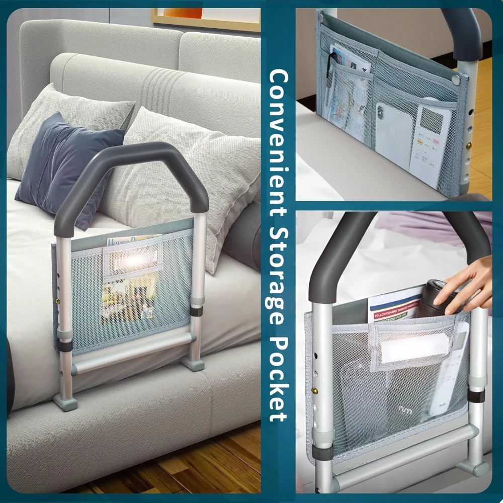Bed Rails for Elderly Adults Safety - with Motion Light & Storage Pocket - Adjustable Bed Assist Rails,Tool-Free Assembly