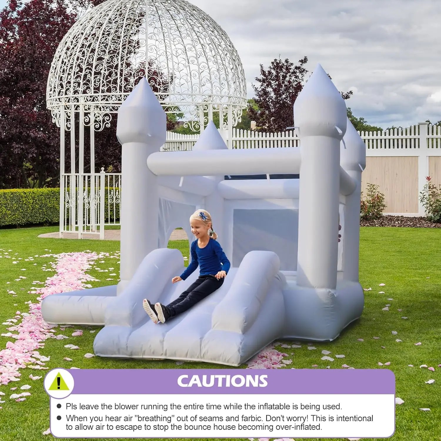 Wit bruiloft opblaasbaar springhuis met ventilator springhuis met glijbaan voor kinderfeest bruiloft familie kasteel 9ftL×9ftW×7ftH
