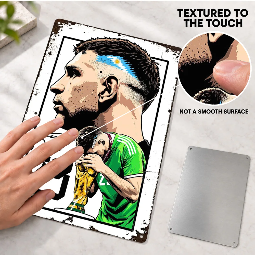 Emiliano Martinez Portrait Collage Aluminum Poster Customized Metal Sign Goalkeeper Comic Illustration Wall Art For Game Room