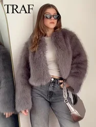 TRAF Winter Fashion Female Chic Grey Fur Coats Woman O-Neck Vintage Long Sleeve Loose Thikcen Streetwear Crop Tops High Street