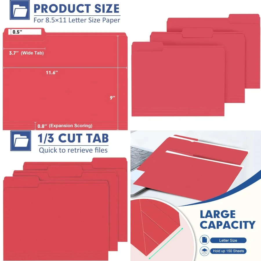

File Folder PANDRI 120 Pack File Folder 1/3 Cut Tab Letter Size Filing Folder for Office School Business Red Ideal for Organizi