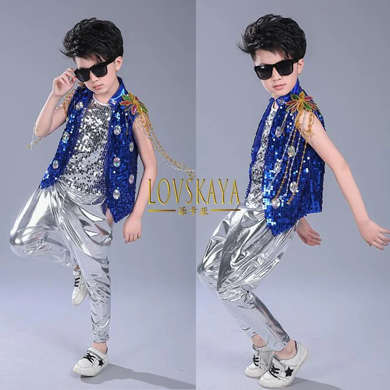 Sequined Hip Hop Outfits Girls Jazz Tap Dancing Tops Pants Boy Child Dance Stage Ballroom Party Dancewear Costumes