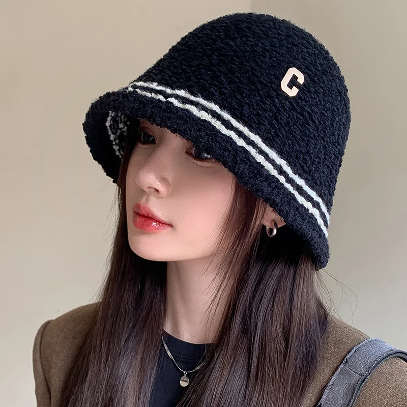 Winter Luxury Design Dome Striped Lamb Wool Fisherman Hat Women's Woolen C Letter Warm Bucket Hat Female Outdoor Wear Sexy Caps