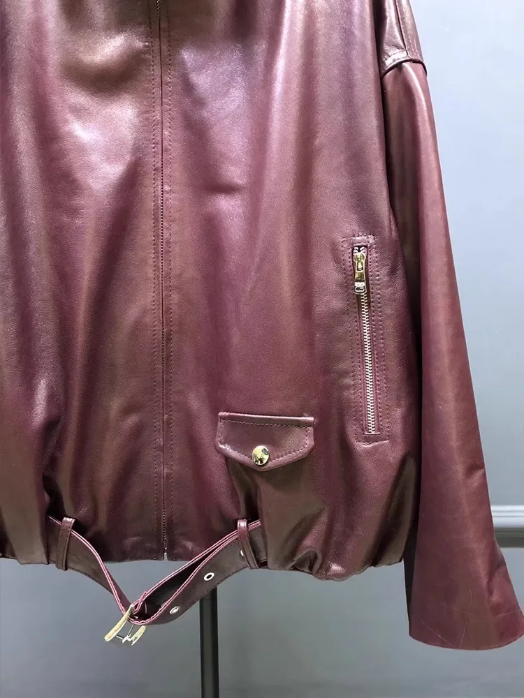 Top Quality Loose Fit Colletto alla coreana Giacca da donna in vera pelle retrò Cerniera Office Lady Autunno Cappotti capispalla in vera pelle di pecora