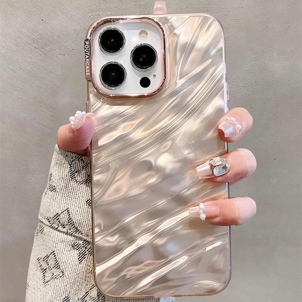 Luxury Plating Silicone Shiny Water Ripple Pattern Case For iPhone 15 14 13 12 11 Pro Max Plus Aesthetic Camera Protection Cover