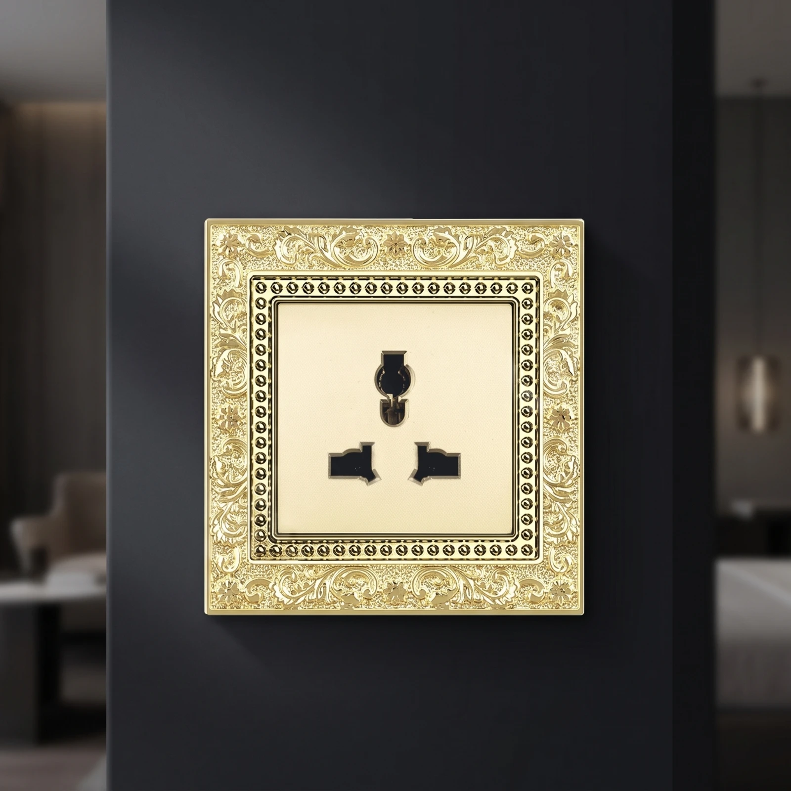 Socket with Faceplate Retro Three-Pin Socket Hardware Ornate for Living Room, Bedroom