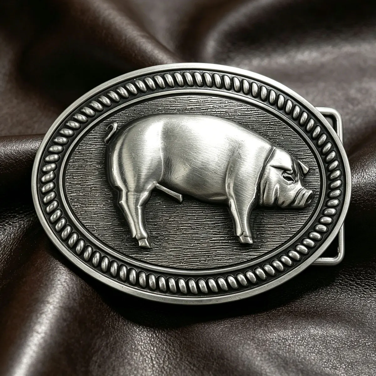 Men's Retro Western Cowboy Style Belt Buckle Oval Boar Embossed Fashionable Leather Accessory