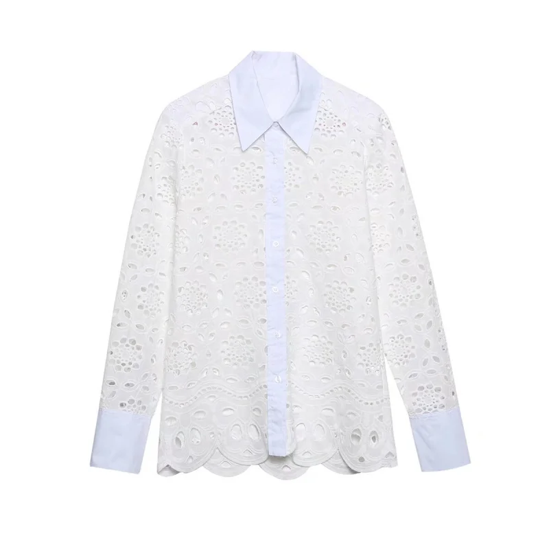 

2025Spring and Summer Women's White Hollow-out Shirt Draping Large Swing Hollow out Embroidered Lapel Shirt Skirt