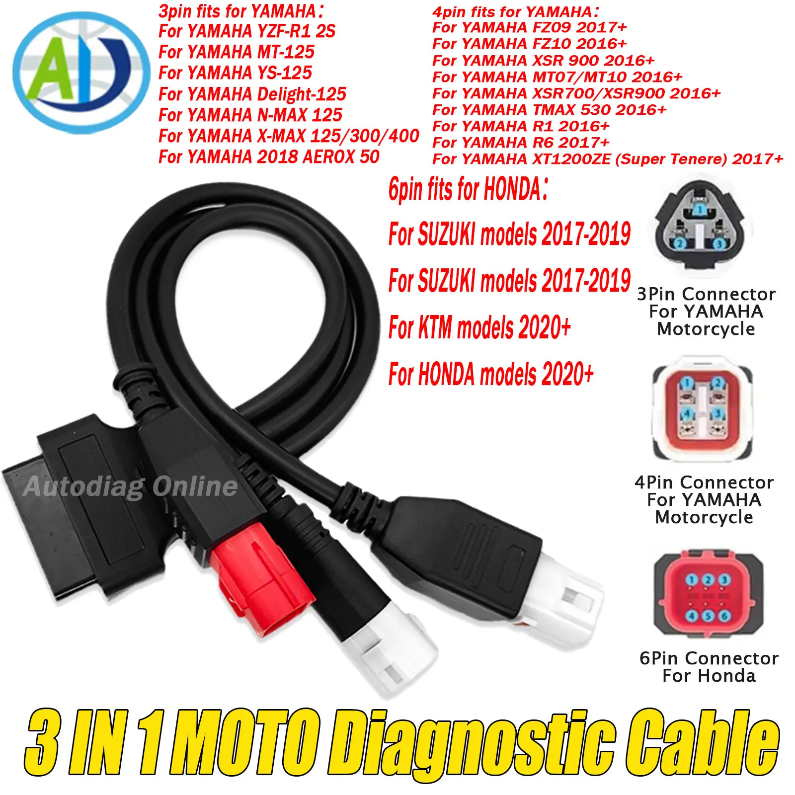 

For Yamaha Honda SUZUKI KTM Motorbike OBD2 Adapter Cable 3 IN 1 Motorcycle Diagnostic Cable 3pin 4pin 6pin OBD2 Diagnostic Cable