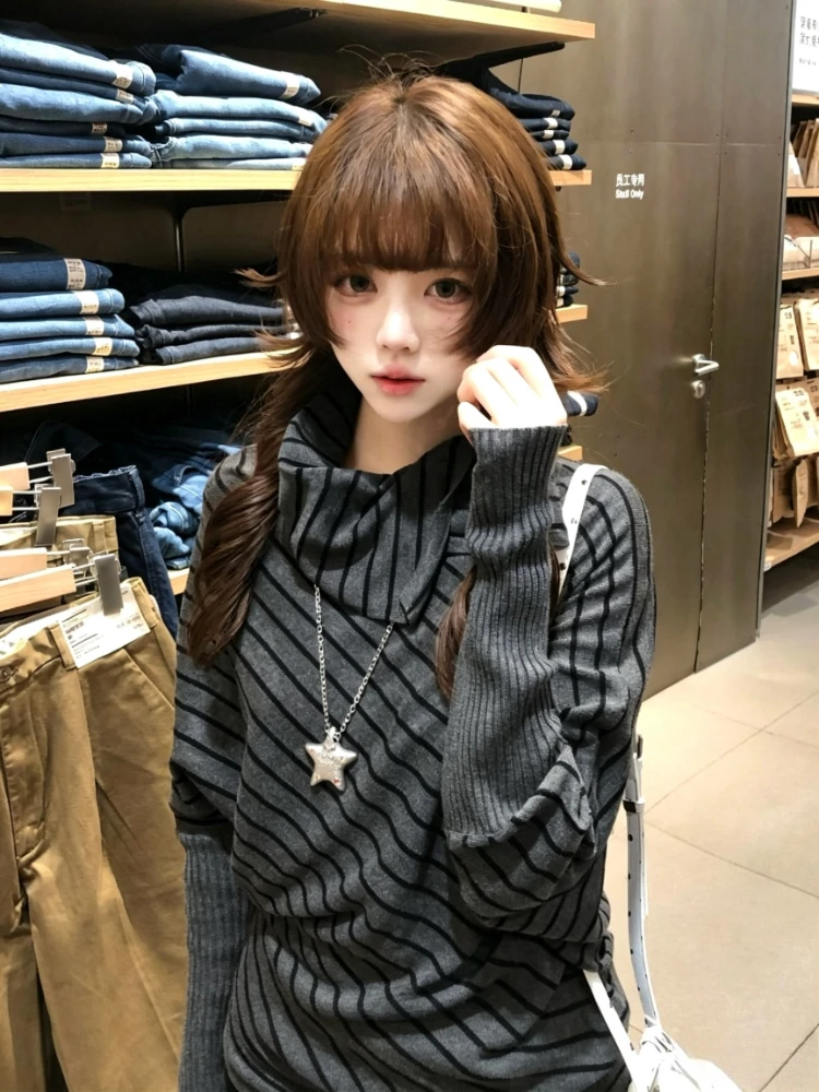 Korean Vintage Stripe Knitted Tops Women Y2k Gohtic Loose Pullover Autumn Retro High Street Irregular Long Sleeve Sweater New