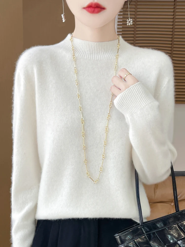 

Высококачественный женский базовый пуловер с длинным рукавом, свитер с воротником-стойкой, 100% мериносовая камвольная шерсть, трикотаж, простой стиль