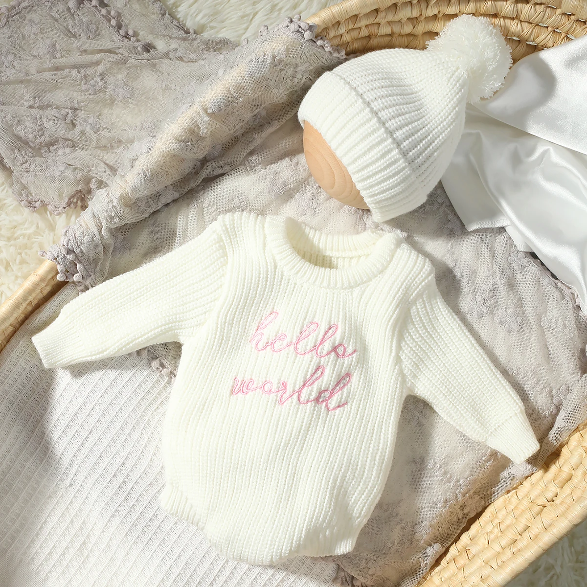 Ylsteed Hello World Knitting Newborn Photography Romper with Matching Pomp Hat Baby Boy Girl Sweater Outfits for Photo Shooting