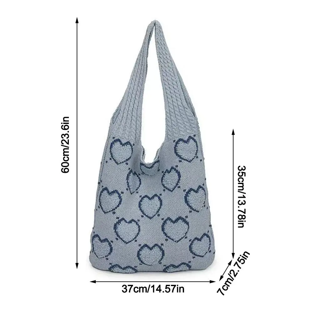 Women Crochet Shoulder Bag Large Capacity Heart Pattern Woven Sling Bag Versatile Knitted Shopping Bag Daily Shoulder Bag