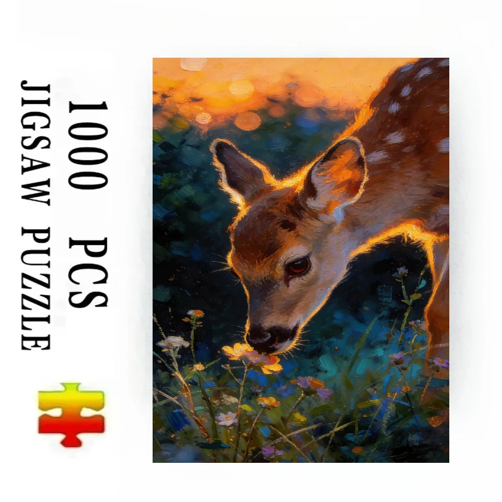 Sunset Deer Sniffing Flowers Animal Jigsaw Puzzles 500/1000/1200/2000 PCS Wall Decor for Living Room Bedroom Gift No Frame