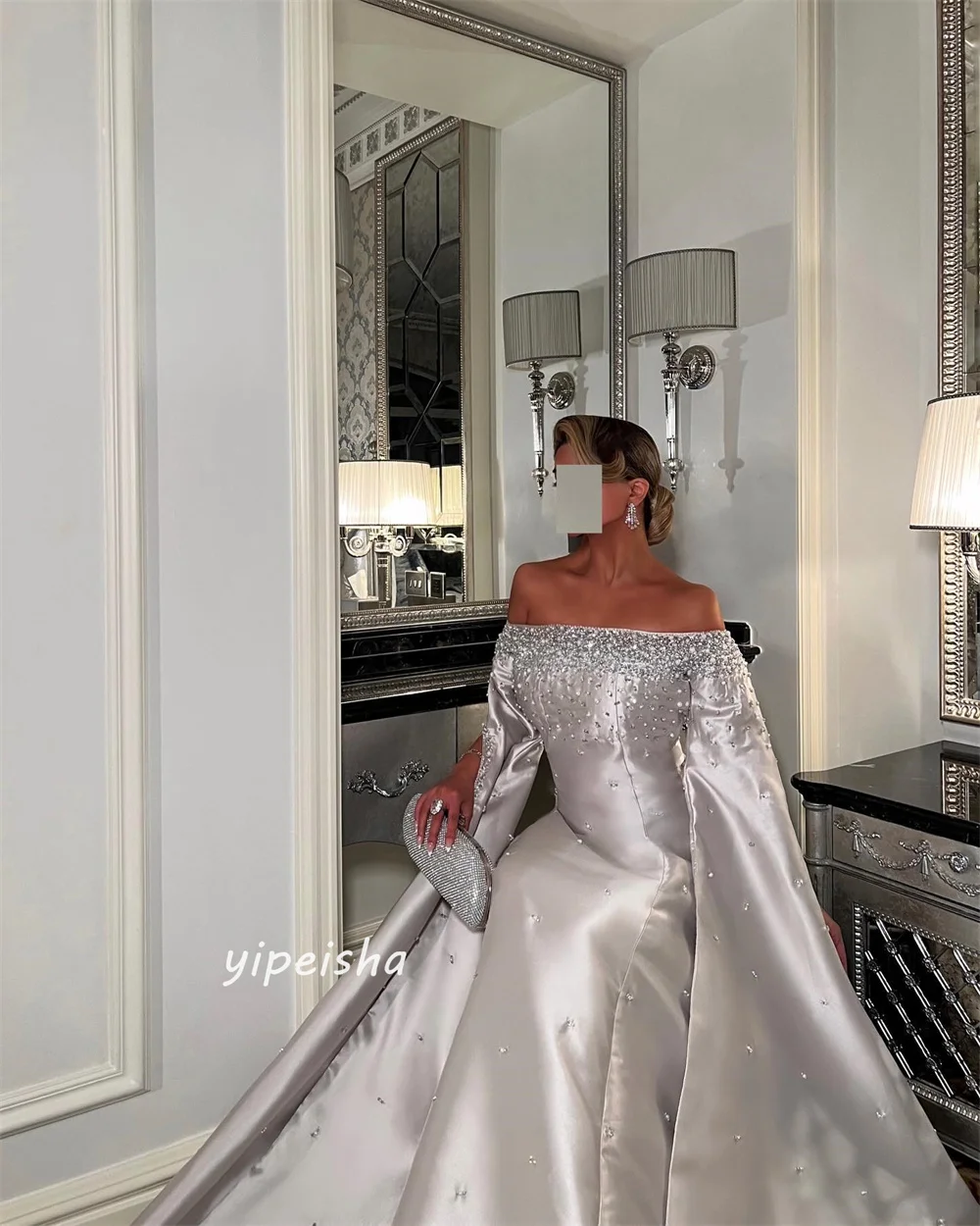 Jiayigong s-Robe Longue Drapée à Perles Personnalisée, Tenue de Ligne A à Épaules Dénudées, sur Mesure, Arabie Saoudite