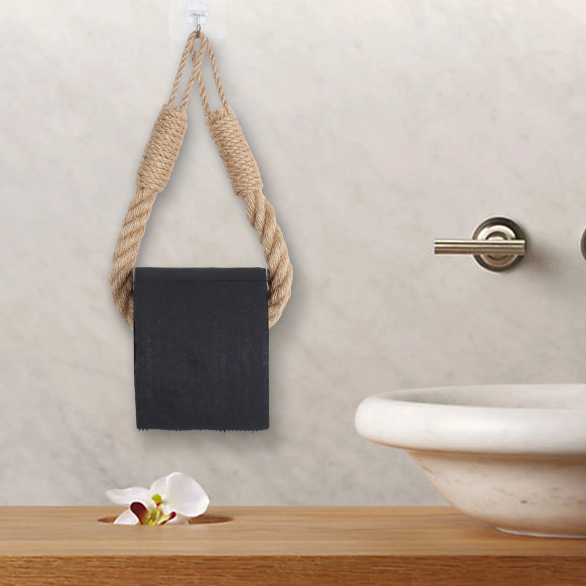 Hemp Rope Bathroom accessories Tissue Holder Wall Hanging Hemp Rope Tissue rack Solid Wood Combination home decor storage Holder image 5