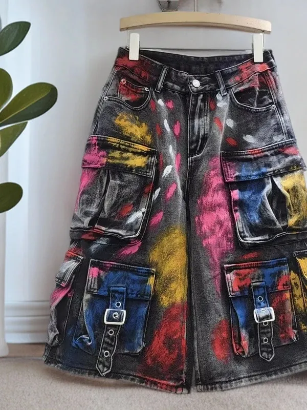 

Retro Hand-Painted Tie-Dye Five-Point Jeans Low-Waist Wide-Leg Casual Bootcut Shorts for Women Summer Season Loose Fit