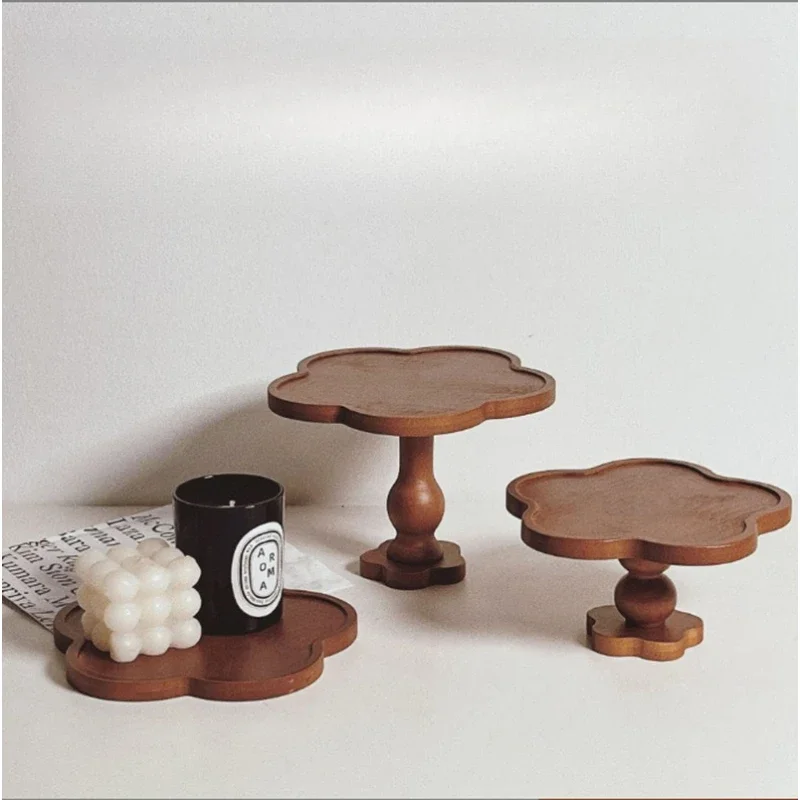 Solid Wood Retro Lace High Foot Plate Scented Wooden Tray Candle Cake Tray Dessert Plate, Flower-style French Storage Decoration