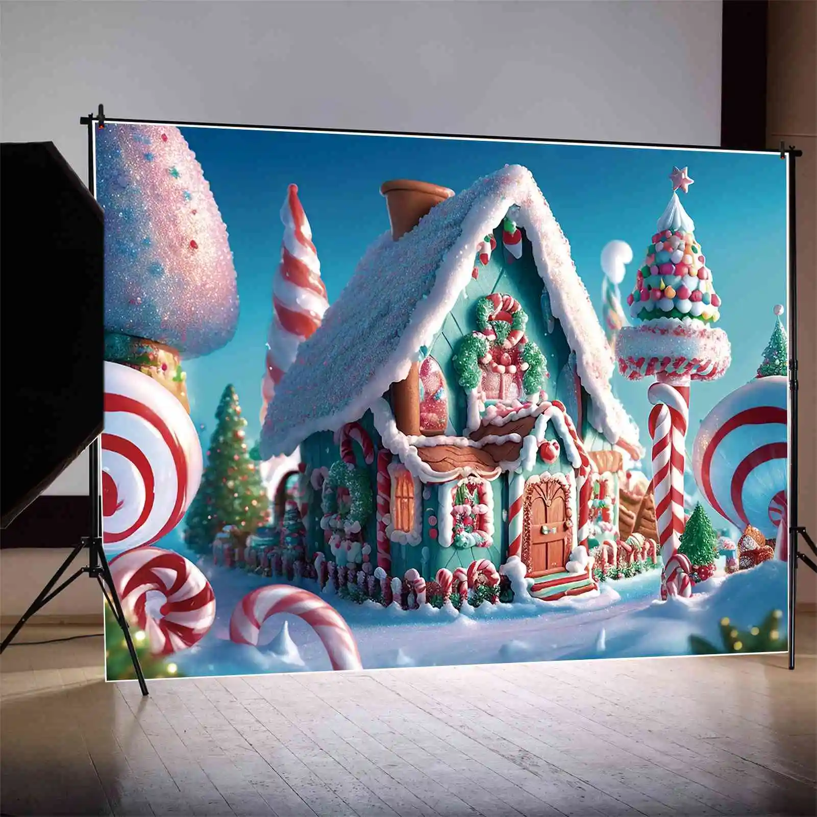 MOON.QG Photography Backdrop Christmas Gingerbread House Cabin Decor 2023 Photo Background Snow Home Trees Crutch Shooting Props