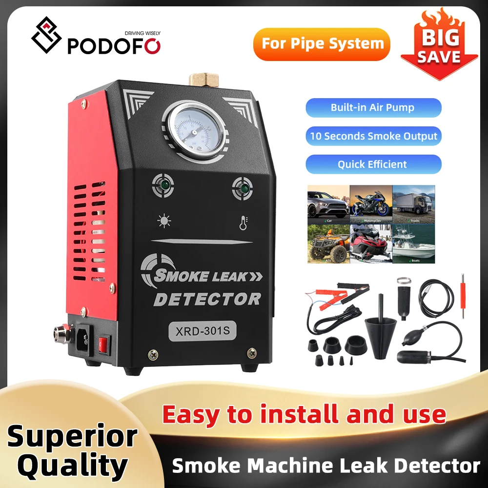 Podofo Rilevatore di perdite per macchina del fumo Tester diagnostico per rilevamento perdite sottovuoto per macchina del fumo automobilistica Test diagnostico per perdite di tubi