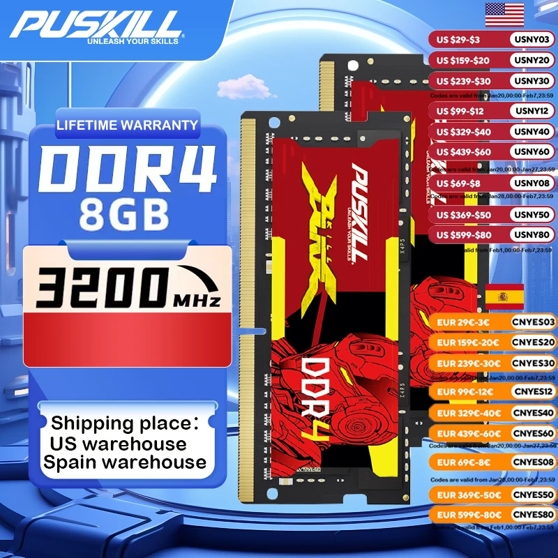 PUSKILL Notebook DDR4 Memoria Ram 8GB 3200MHz 2666MHz 2x8GB 1.2V 260pin Sodimm Laptop Memory