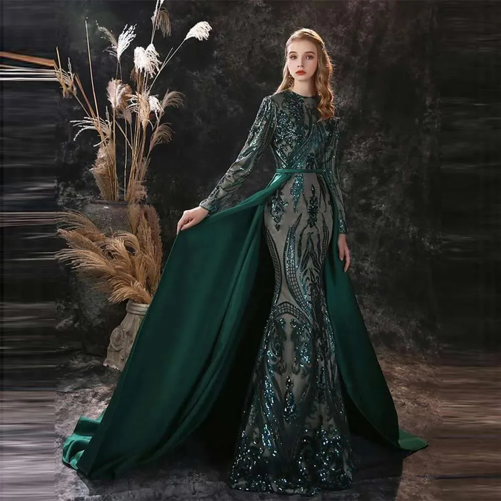 

Блестящие вечерние платья с блестками Русалка с длинным рукавом и бисером Съемный атласный шлейф Знаменитости Вечерние платья для выпускного вечера Vestido