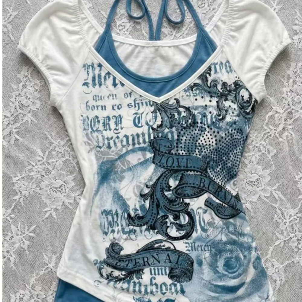 

Harajuku Aesthetics Y2K Punk Sexy T-Shirt 2000S Women's Retro Kawaii Short Sleeve Gothic Sweetheart Sweet Girl Korean Cute Top
