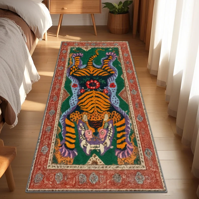 VIKAMA Boho-Läufer-Teppich mit tibetischem Tiger-Motiv, bunt, ethnisch, lang, rutschfest, für Flur, Eingang, Vintage-Raumdekoration