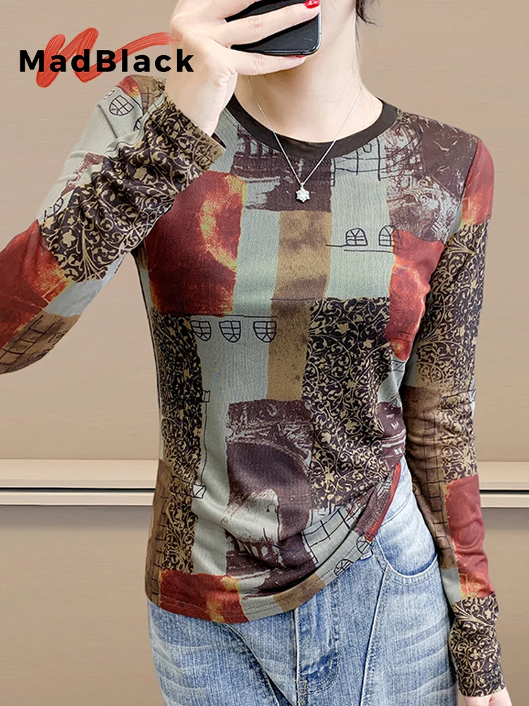 

MadBlack-Women European T-Shirt, Sexy O Neck Geometry Print, Fashion Long Sleeve Slim Mesh S-3XL Tee, 2025 Autumn New T58970CC