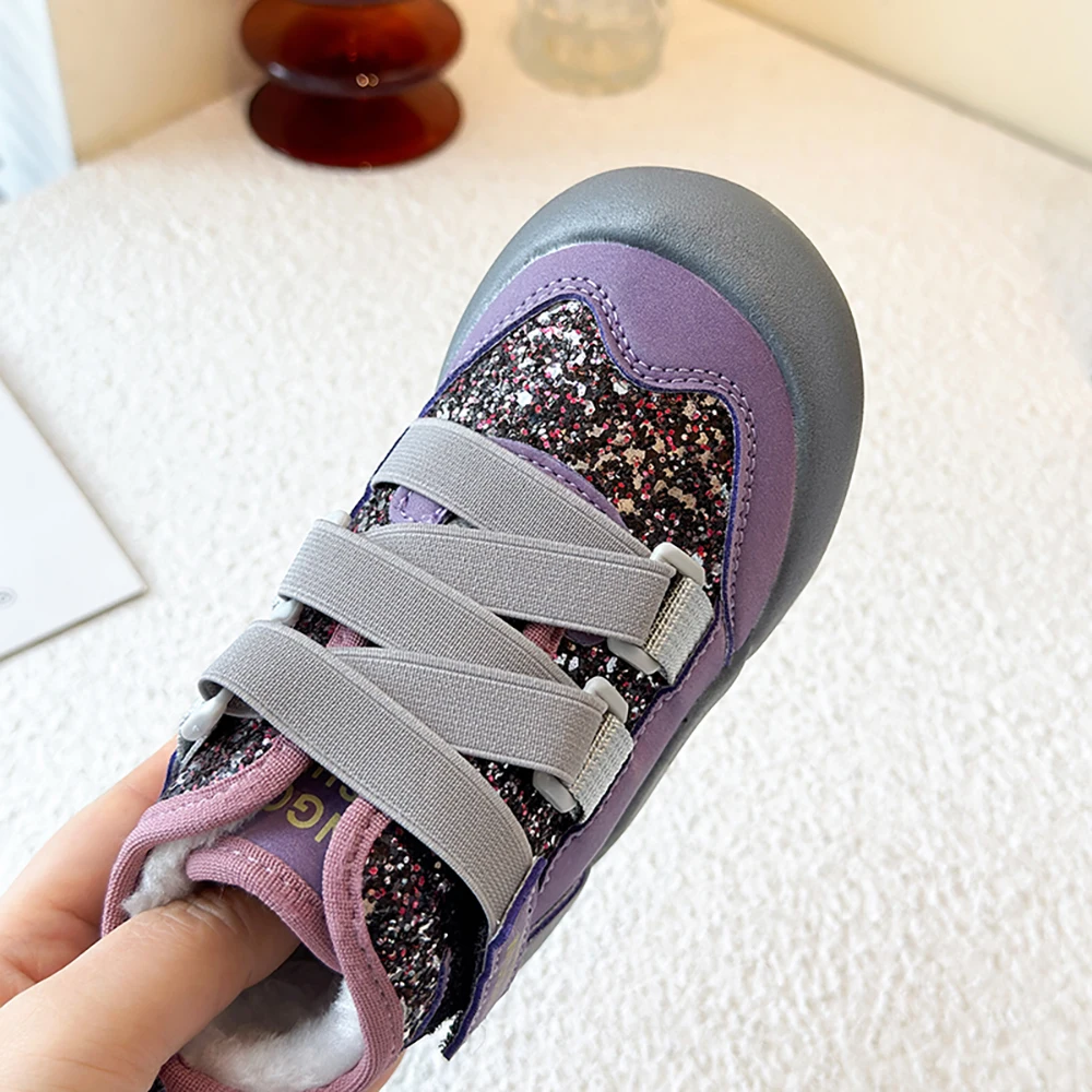 PU Leather Winter Boots For Children Trend Fashion Teenager Girl's Plush Boots Glitter Sequins Snow Boots For Girls Cotton Shoes