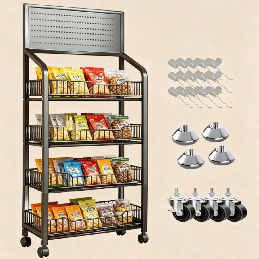 Commercial Supermarket Display Shelf, Freestanding Snack Rack With Hooks And Wheels, Mobile Food Rack (4 Tiers) Suitable For Food Pantry/Garage/Retail Store