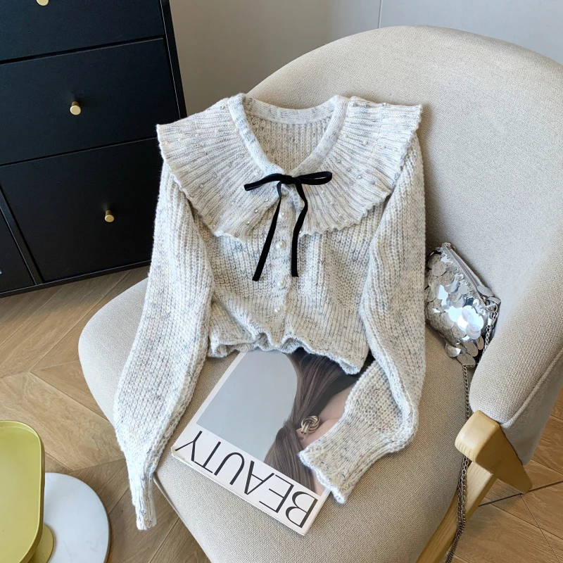 

Sweet Style Short Knitted Cardigan for Women with Pearl Buttons Doll Collar Autumn Winter Fashion Slim Fit Long Sleeve Sweater