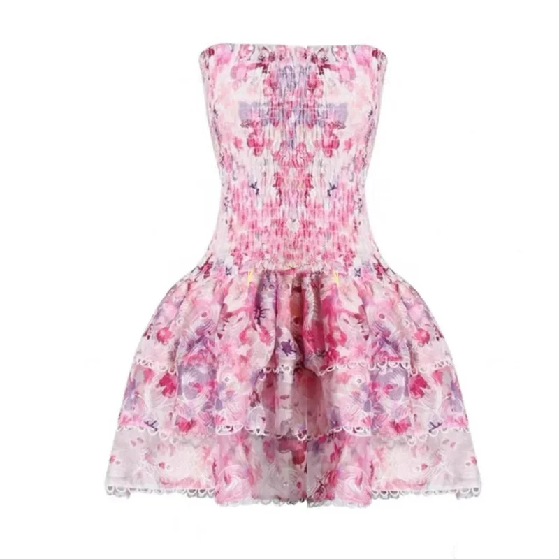 Primavera Verano 2024  vestido con estampado floral con dobladillo con volantes cintura elástica sin tirantes estilo past...