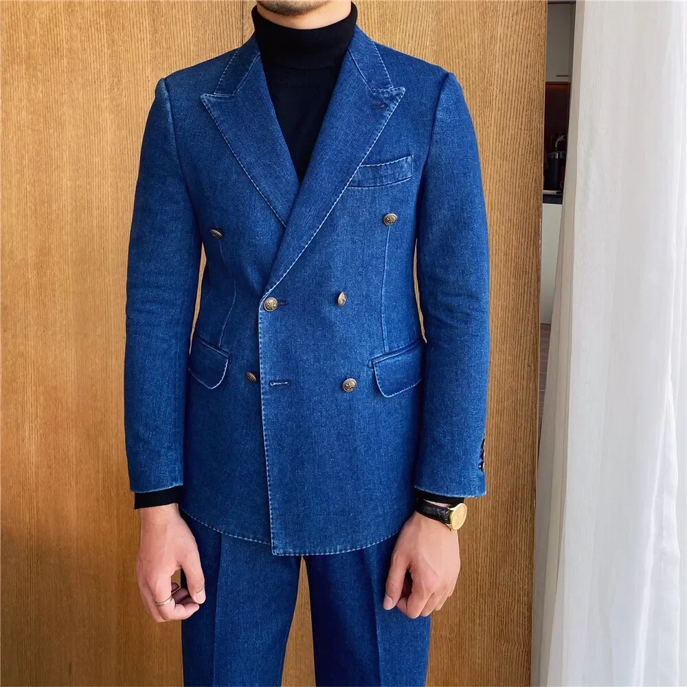 High Quality Denim Men's Suits 2 Piece Chic Double Breasted Peak Lapel Formal Blazer Sets Slim Fit Men Clothing (Jacket+Pants)