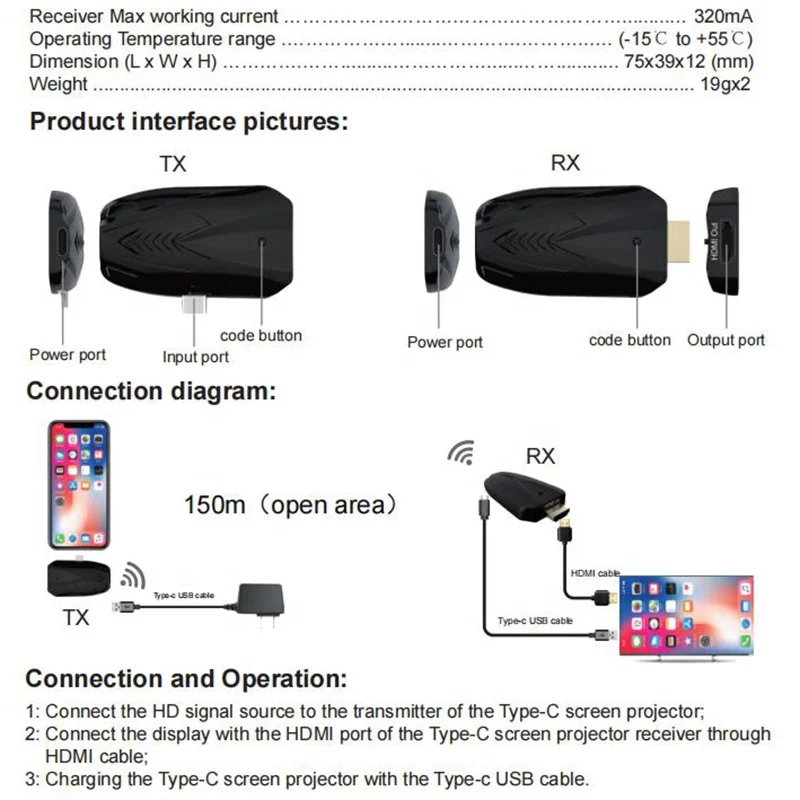 150M Wireless USB C to HDMI Extender Transmitter and Receiver Kit TX RX for TV Monitor Projector