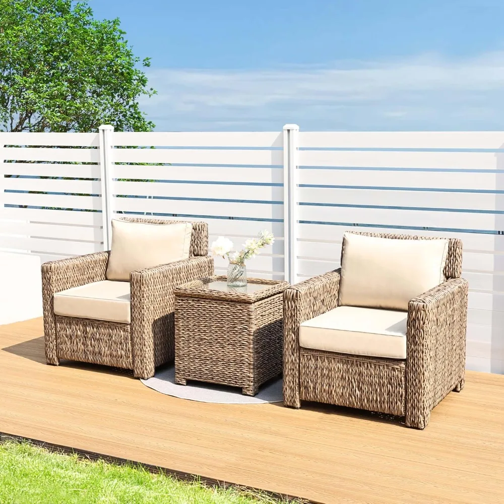 

3 Pieces Wicker Patio Bistro Set, Outdoor Furniture Sets with 2-Piece Rattan Lounge Chairs, Storage Side Table with Tempered Gla