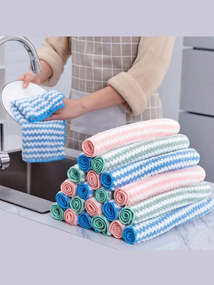 5/10pcs Coral Fleece Thickened Water Ripple Cloth Dishwashing Towel Kitchen Specific Pure Cotton Absorbs Water Scouring Pad Rag