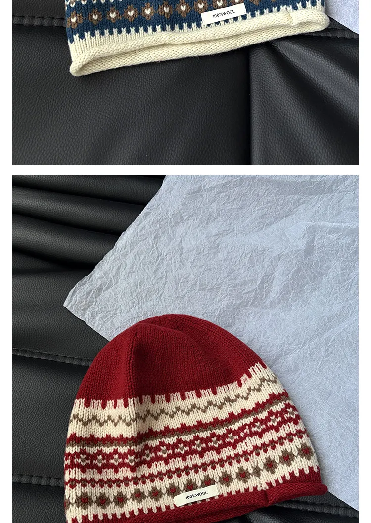 100% Wolle Retro Fairland Jacquard Strickmützen für Damen Herbst Winter Dick Warm Gesichtsformend Vielseitige Slouchy Kopfwickelmütze – Detail 10