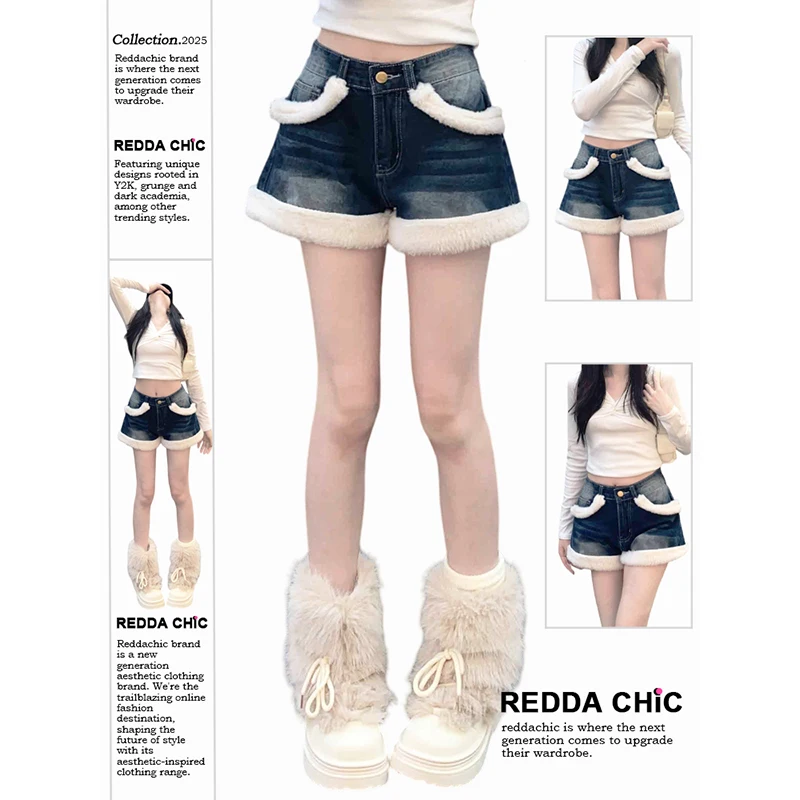 

ReddaChic Furry Y2k джинсовые шорты женские милые лоскутные винтажные прямые джинсовые шорты с потертыми карманами корейская зимняя одежда