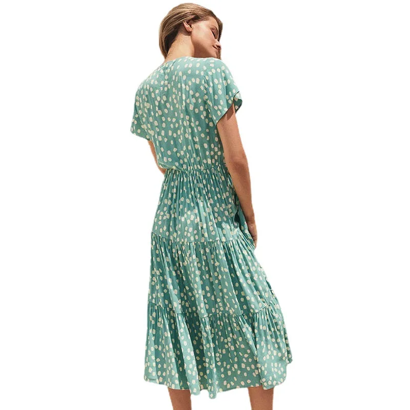 2023 春夏 Vネックボタン花柄プリント カジュアル ホリデー ドレス レディース ハイウエスト ニット フェアリースカート