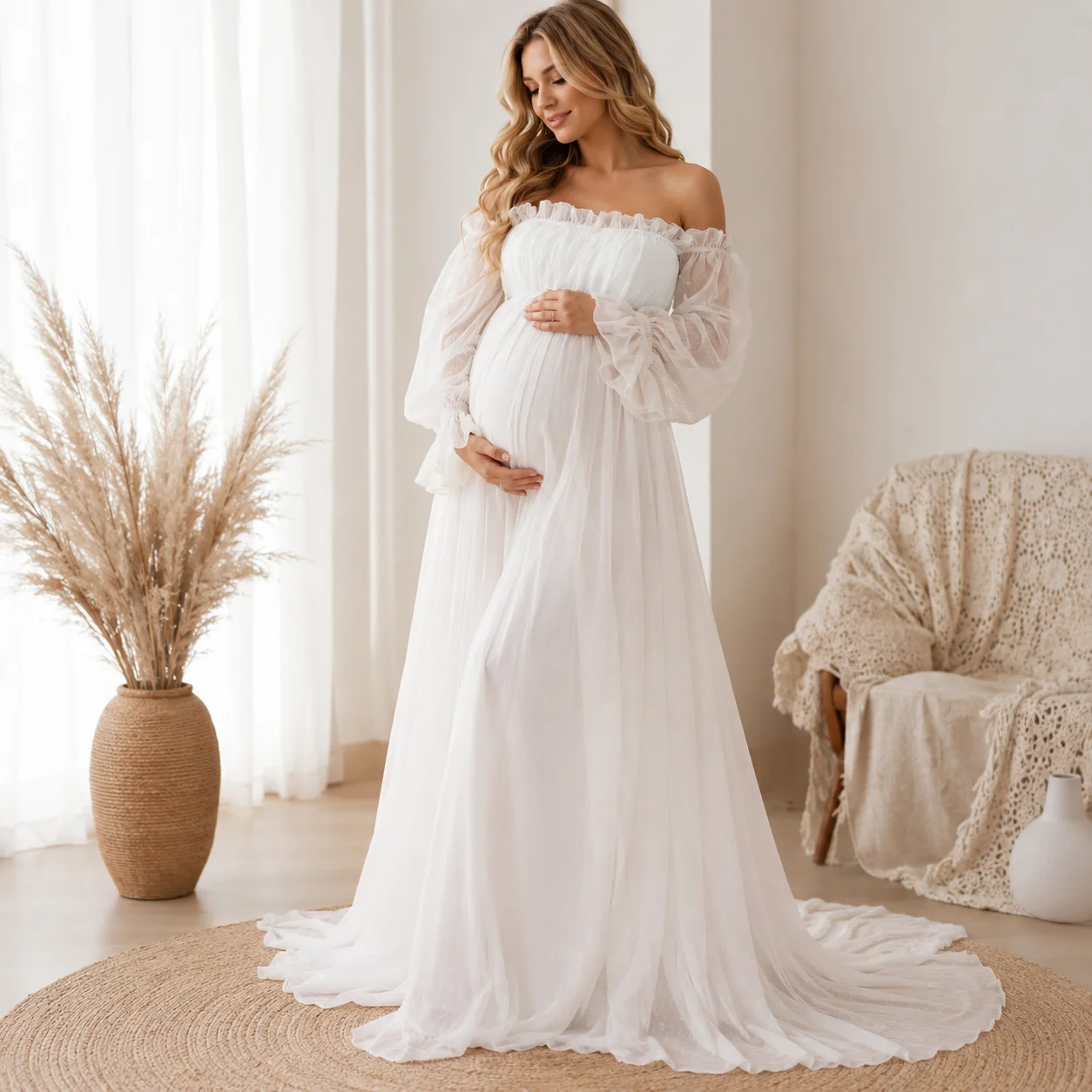 Off Shoulder Long Sleeve Maternity Tulle Dress Flowy Train Pregnancy Photoshoot Gown Soft Mesh Baby Shower Party Photography Pro