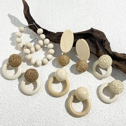 AENSOA Handmade White Woven Ball Wood Drop Earrings for Women Ethnic Rattan Knit Wooden Round Circle Earrings Bohemia Jewelry