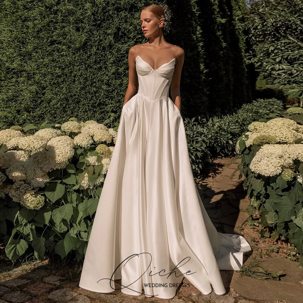 

QICHE Gorgeous Satin Wedding Dresses Strapless A Line Draped Bridal Gown Customized Elegant Bridal Dresses robe de mariée