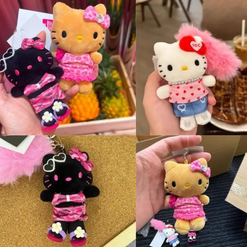 かわいい黒肌ハローキティビキニスカートぬいぐるみ人形、ヒョウ柄ハート型プリント、ジッパー装飾ぬいぐるみキーホルダー、女の子向けおもちゃギフト